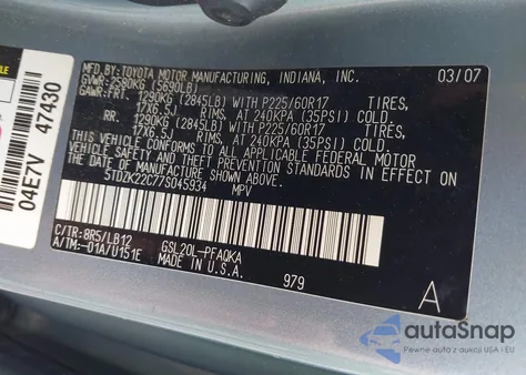 2007 Toyota Sienna Xle Limited из США, поврежденный, VIN 5TDZK22C77S045934